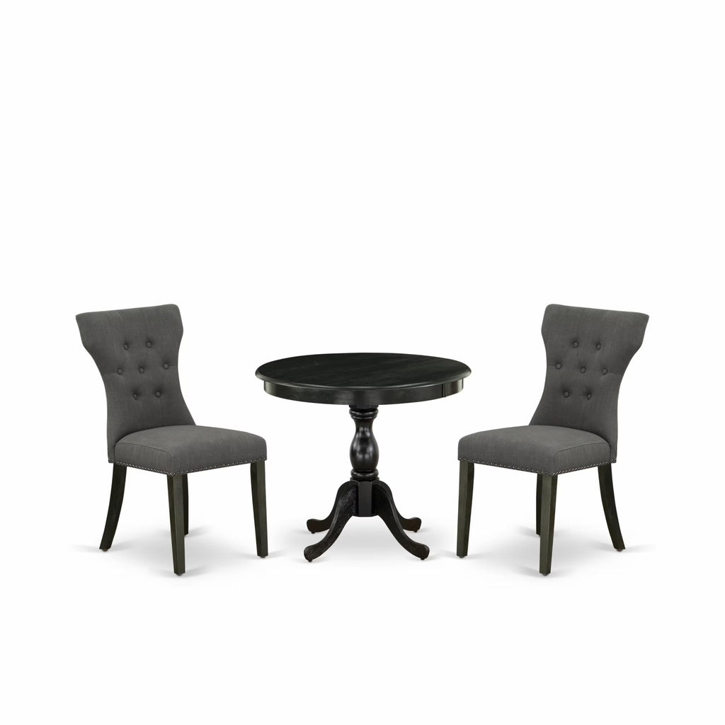 East West Furniture AMGA3-ABK-50 3 Piece Modern Dining Table Set Contains a Round Kitchen Table with Pedestal and 2 Dark Gotham Linen Fabric Upholstered Chairs, 36x36 Inch, Wirebrushed Black