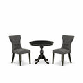 East West Furniture AMGA3-ABK-50 3 Piece Modern Dining Table Set Contains a Round Kitchen Table with Pedestal and 2 Dark Gotham Linen Fabric Upholstered Chairs, 36x36 Inch, Wirebrushed Black