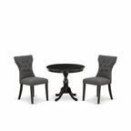 East West Furniture AMGA3-ABK-50 3 Piece Modern Dining Table Set Contains a Round Kitchen Table with Pedestal and 2 Dark Gotham Linen Fabric Upholstered Chairs, 36x36 Inch, Wirebrushed Black