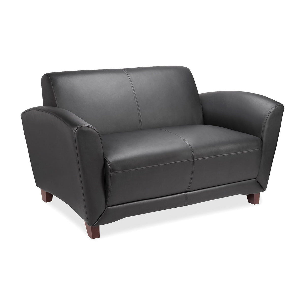 Lorell Accession Reception Loveseat, 55&quot; X 22&quot; X 31.25&quot;, Black Bonded Leather With Mahogany Legs