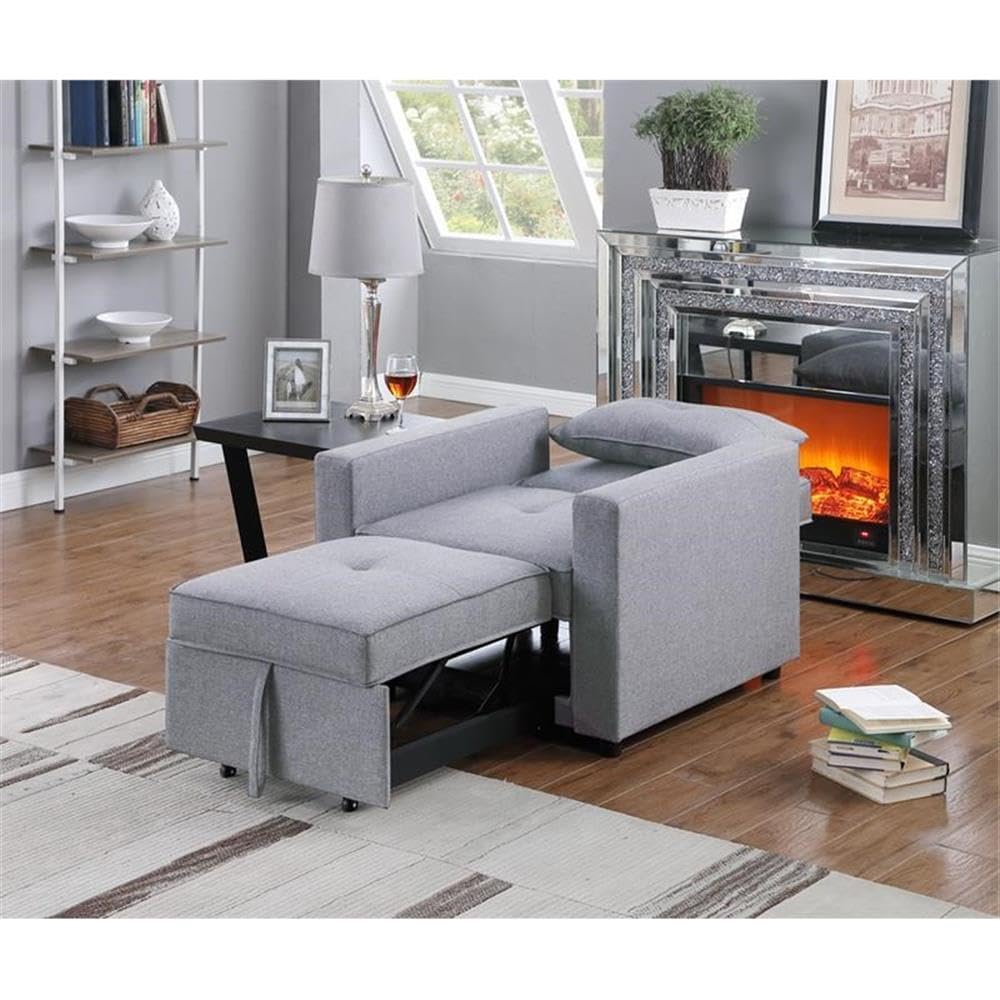 Lilola Home Zoey Light Gray Linen Convertible Sleeper Chair with Side Pocket