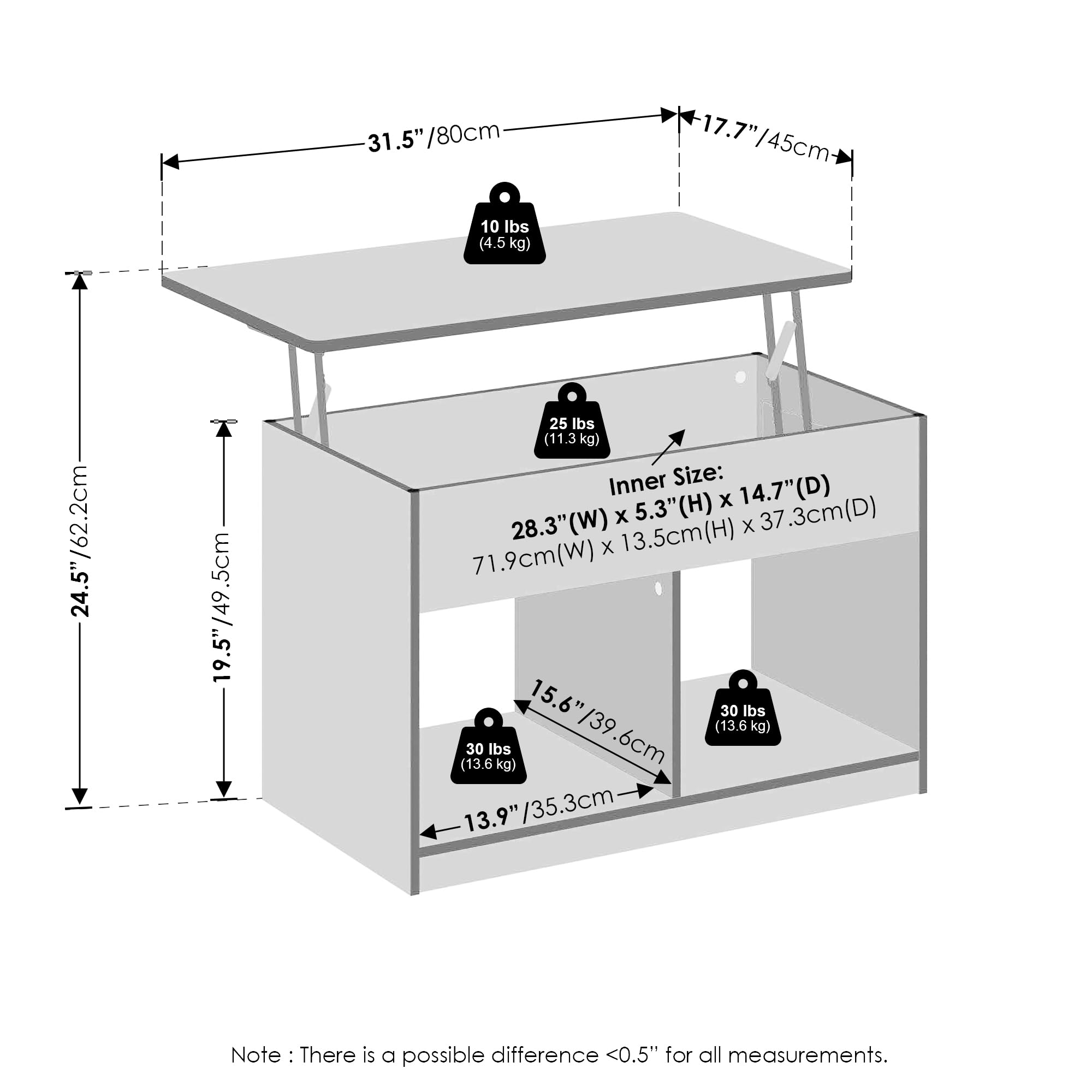 Furinno Jensen Living Room Lift Top Coffee Table with Hidden Compartment, French Oak Grey