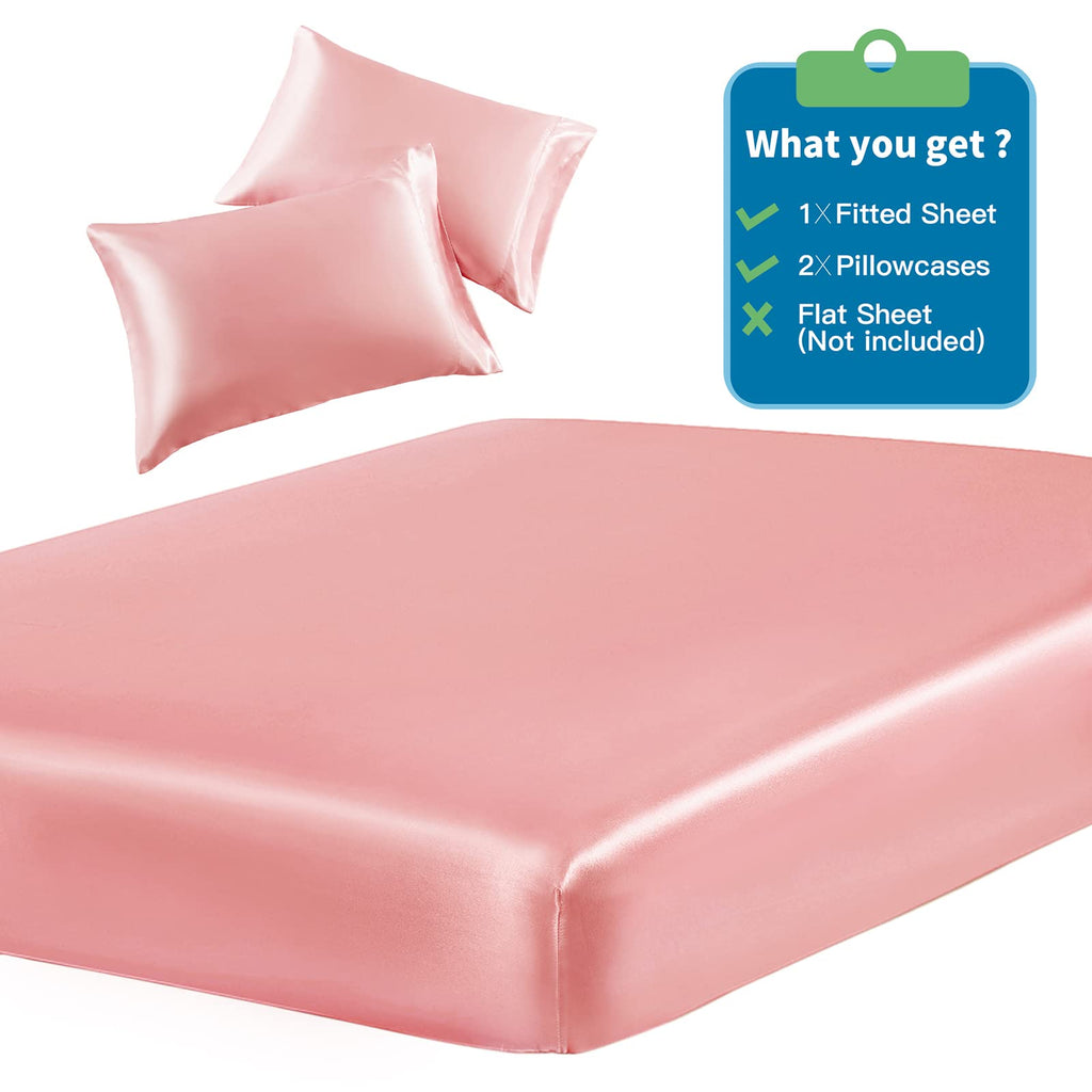 Siinvdabzx 3-Piece Set Satin Full Fitted Sheet & 2 Pillowcase, Blush Pink Silky Soft Fitted Bottom Sheet, Wrinkle Free, Fade Res