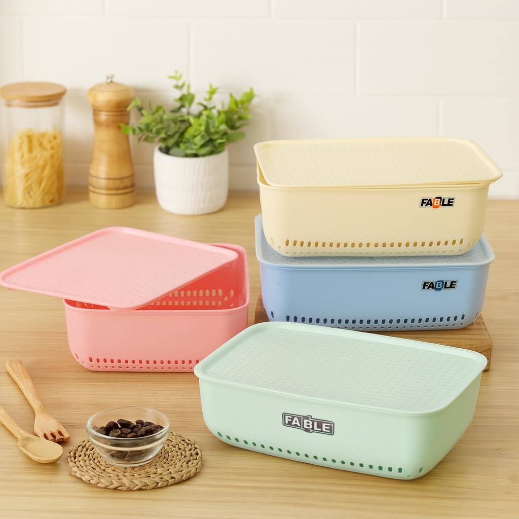 Fable Combo Of 4 Small Size Multipurpose Baskets Storage Basket With Lid Plastic Box Organiser For Home Kitchen Storage Storage 