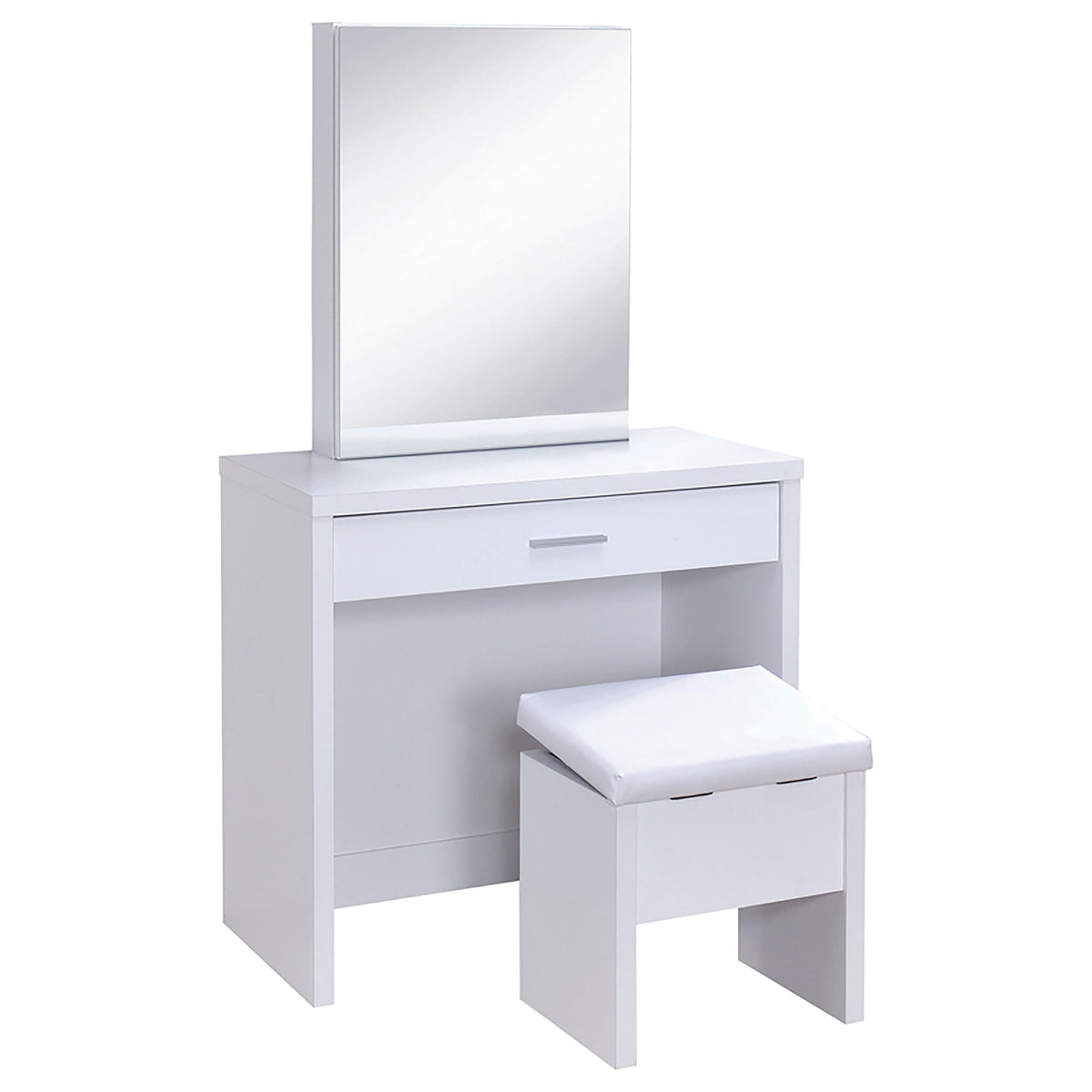 Coaster Home Furnishings Harvey Contemporary 3-Piece 1-Drawer Makeup Vanity Desk With Jewelry Storage Vanity Mirror And White Faux Leather Upholstered Storage Vanity Stool White 300290