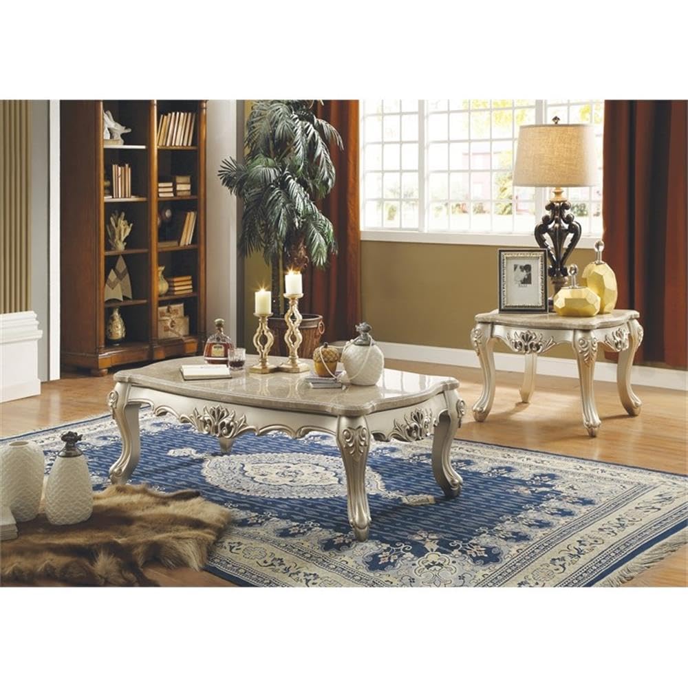 Acme Ranita Marble Top End Table with Carved Floral Champagne