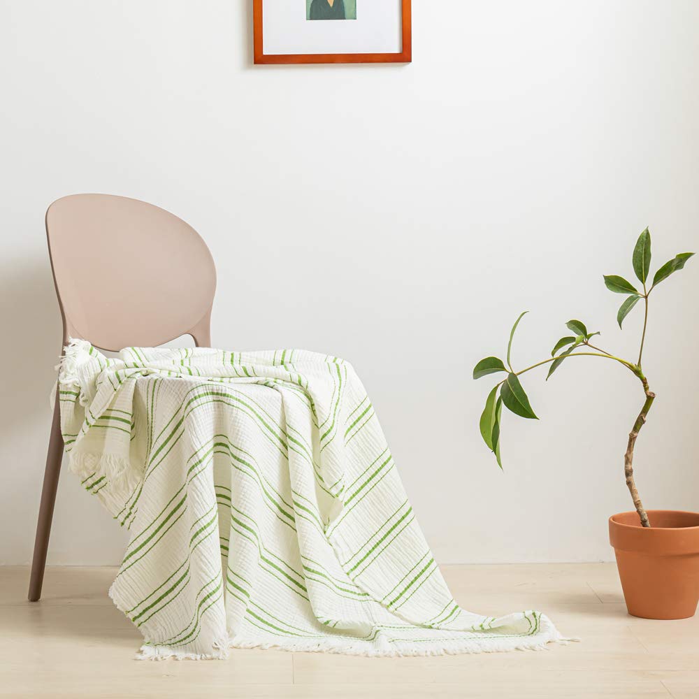 Simple&Opulence Yarn Dyed Striped Cotton Muslin Throw Blanket For Bed, Couch, Knit Woven Blanket With Tassels Soft Lightweight C