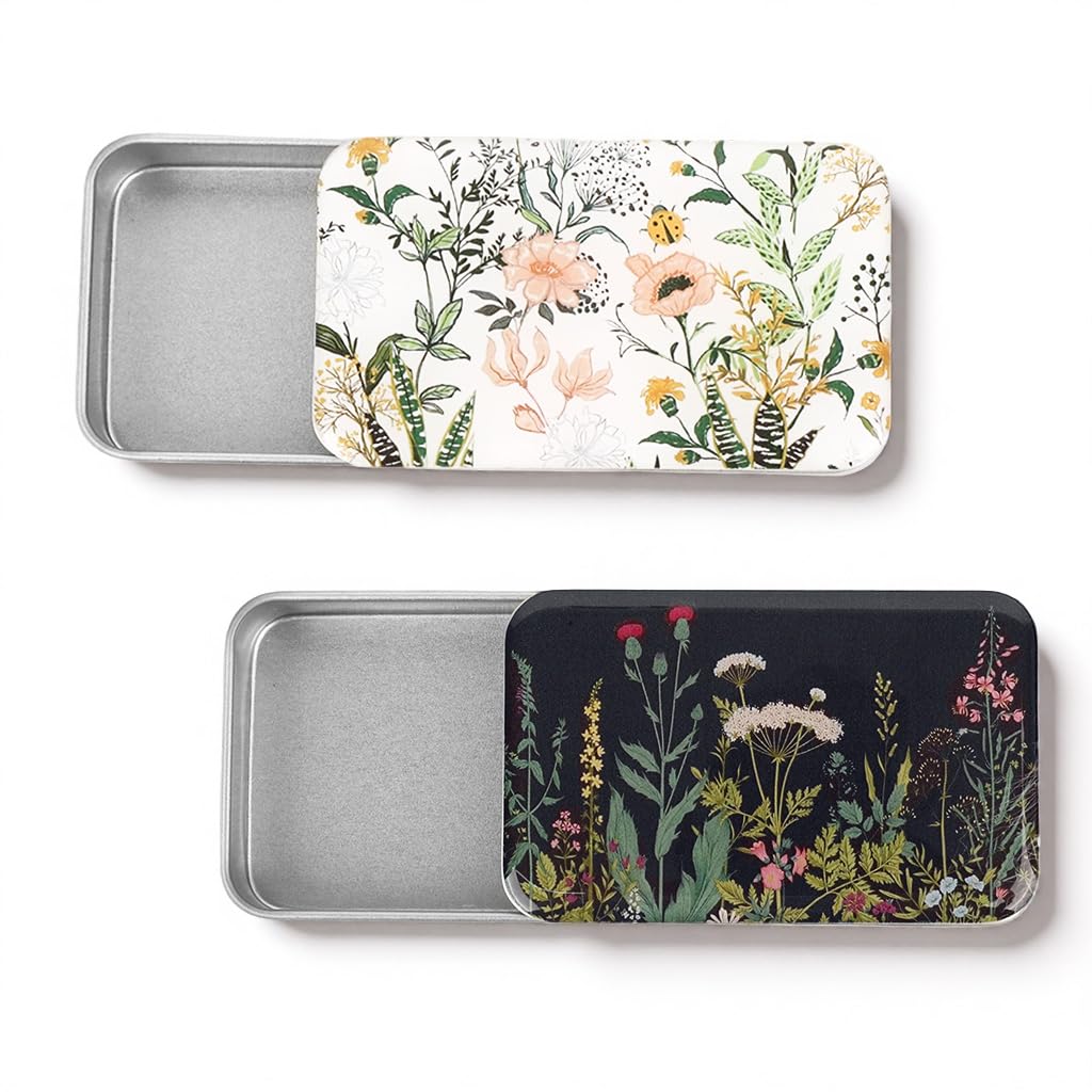 HASTHIP2Pcs Tin Box  581.5cm Gift Boxes Storage Container Small Floral Metal Portable Tin Container with Botanical Pattern Lid 