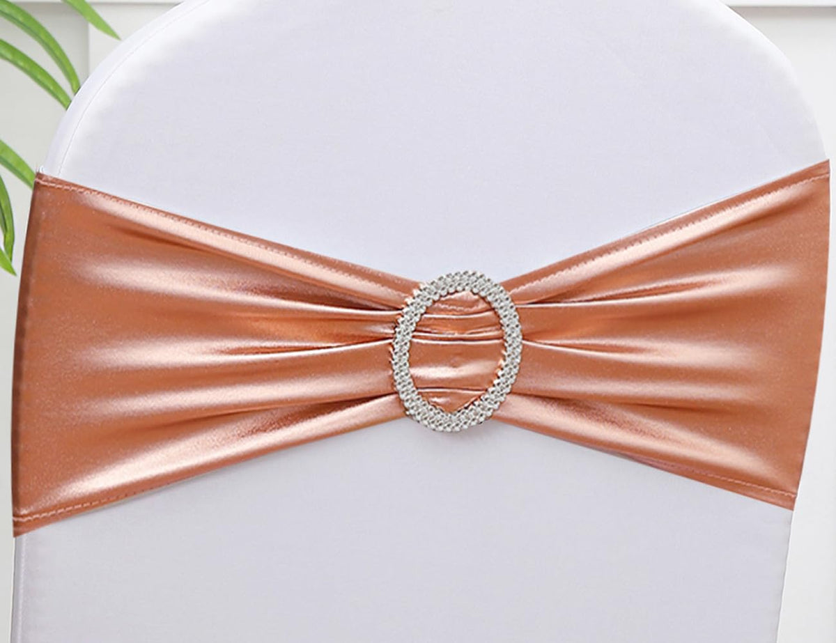 Gankar 50Pcs Stretch Spandex Chair Sashes For Wedding Chair Bands With Buckles, Rose Gold Chair Bows For Party Banquet Theme Eve