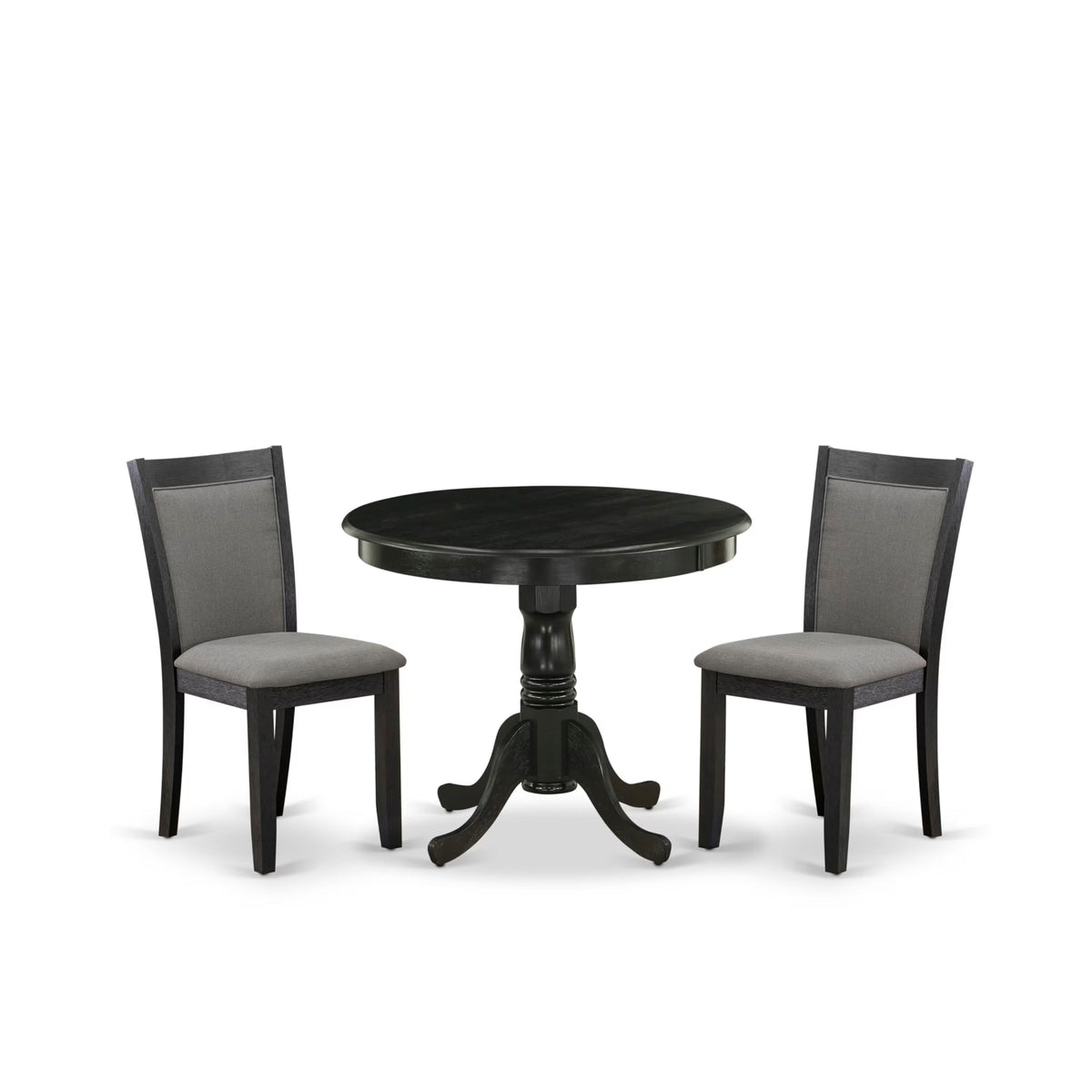 East West Furniture ANMZ3-AB6-50 3 Piece Dining Table Set Contains a Round Kitchen Table with Pedestal and 2 Dark Gotham Grey Linen Fabric Upholstered Chairs, 36x36 Inch, Wirebrushed Black