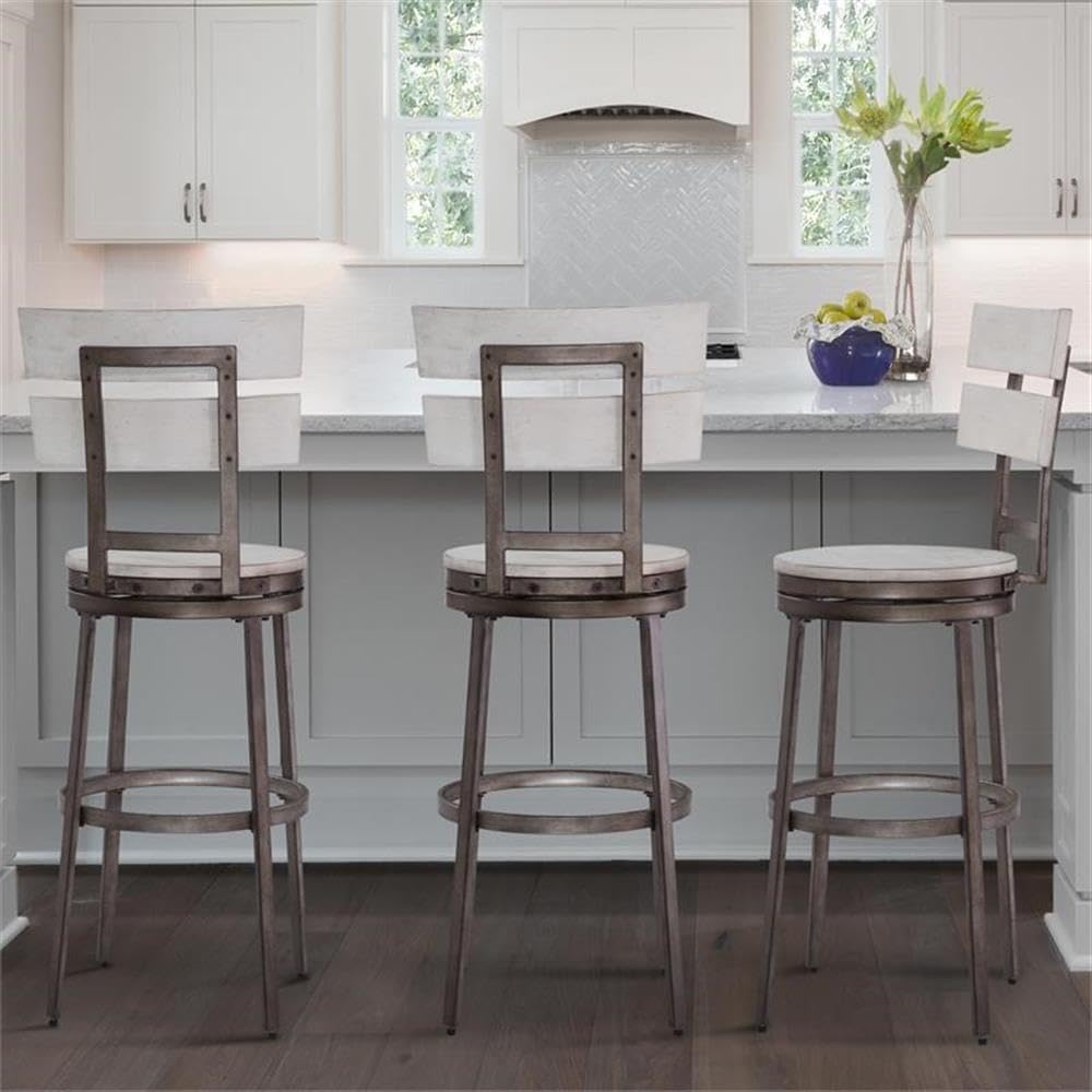 American Woodcrafters Colson Distressed White Metal Swivel 30-Inch Bar Stool