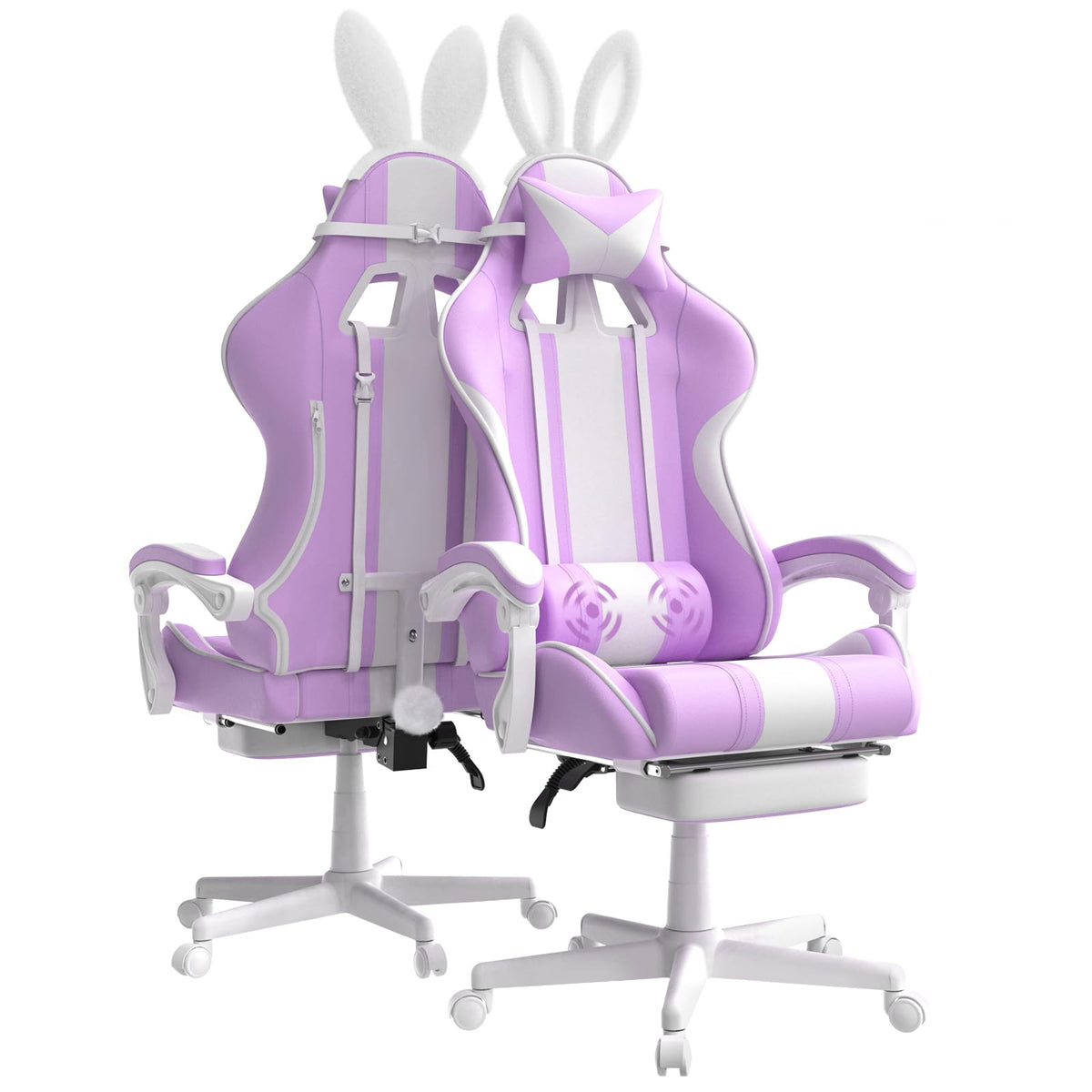 Ferghana Kawaii Light Purple Gaming Chair With Bunny Ears, Ergonomic Cute Gamer Chair With Footrest And Massage, Racing Reclining Leather Computer Game Chair 250Lbs For Girls Adults Teens Kids