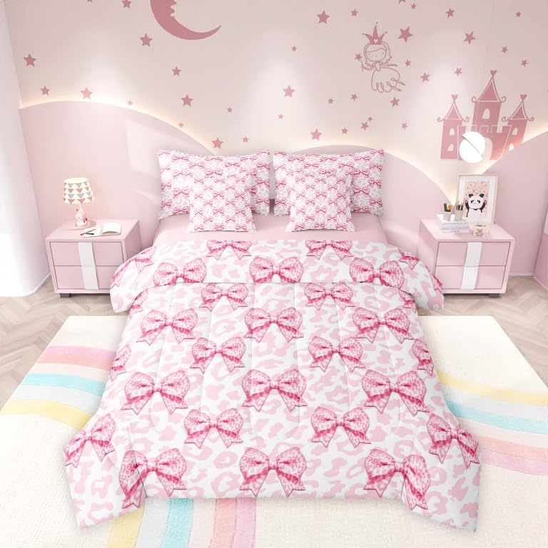 Manfei Pink Bow Full Bedding Set 7 Pieces,Princess Style Bowknot Fairy Tale Dreamy Comforter Set With Sheets For Girls,Kawaii Pi