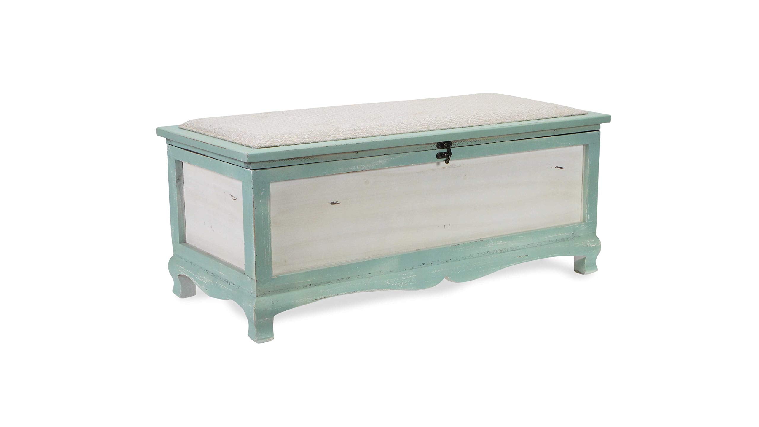 HomeRoots Rectangular Green Wooden with Seat Cushion and Inside Storage Bench