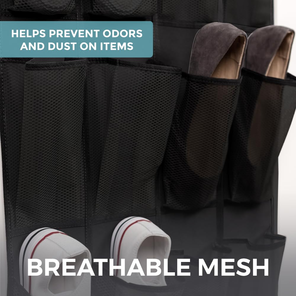 Home Genie Over The Door Hanging Shoe Organizer, 24 Breathable Mesh Pockets, Closet Rack Storage Holder, Stay In Place Hooks Hang On Closets, Hanger Holds Up To 40 Lbs For Shoes, Accessories, Black