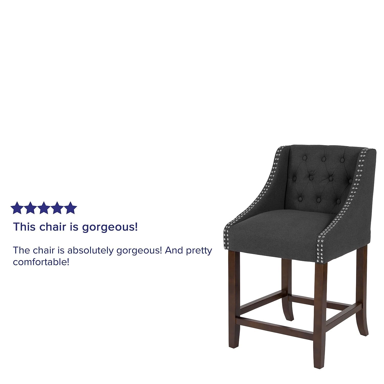 Flash Furniture Carmel Series 24' High Transitional Tufted Walnut Counter Height Stool With Accent Nail Trim In Charcoal Fabric