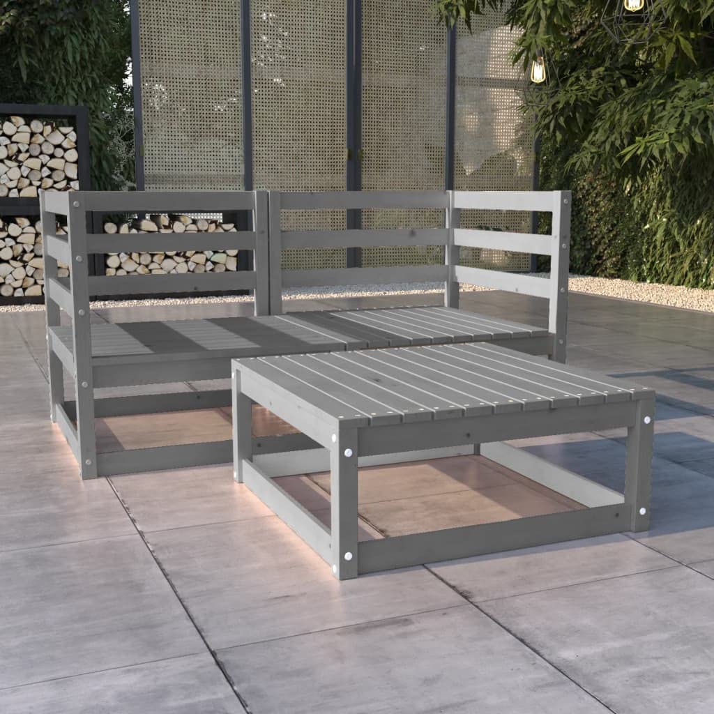 vidaXL Solid Pinewood Patio Lounge Set 3 Piece Garden Outdoor Lawn Yard Terrace Balcony Wooden Seat Seating Sitting Chair Sofa Furniture Gray