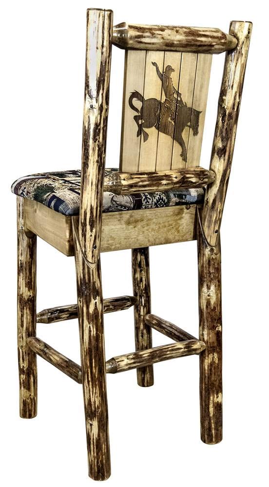Montana Woodworks Glacier Country Collection Counter Height Barstool with Upholstered Seat, Woodland Pattern, Laser Engraved Bronc Design, Stained & Lacquered
