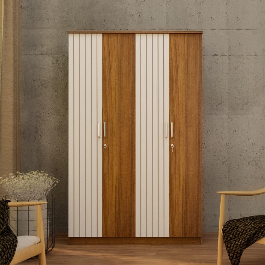 Neuspace Tetra Engineered Wood 4Door Wardrobe (Leon Teak Fluted, 4 Door)