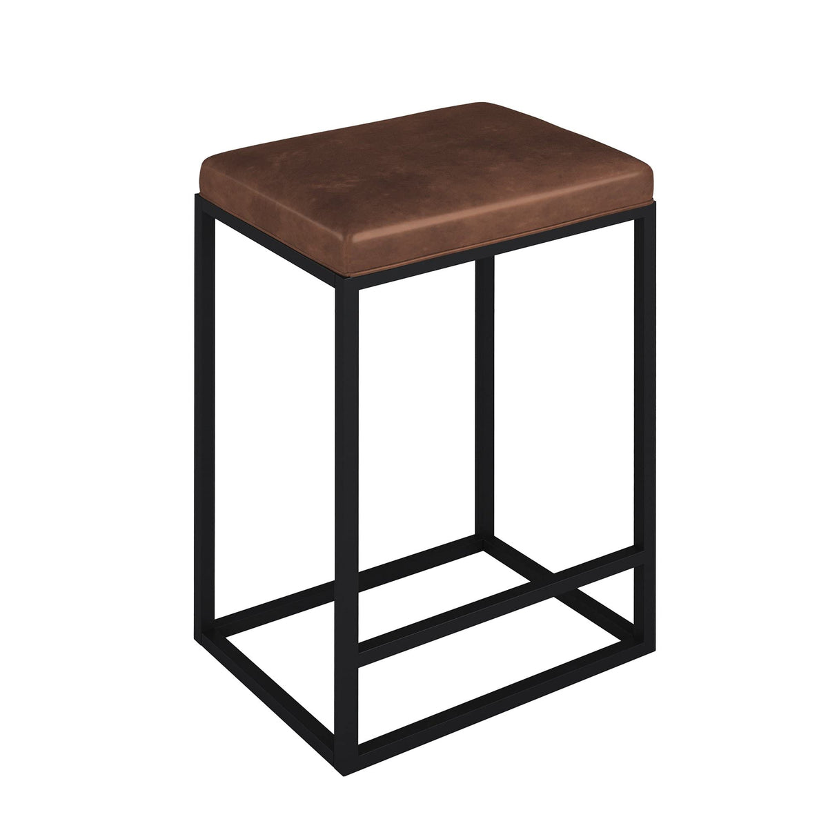 VIFAH Riley Indoor Brown Metal Faux Leather Bar Stools (Set of 2),Black-Brown,Medium