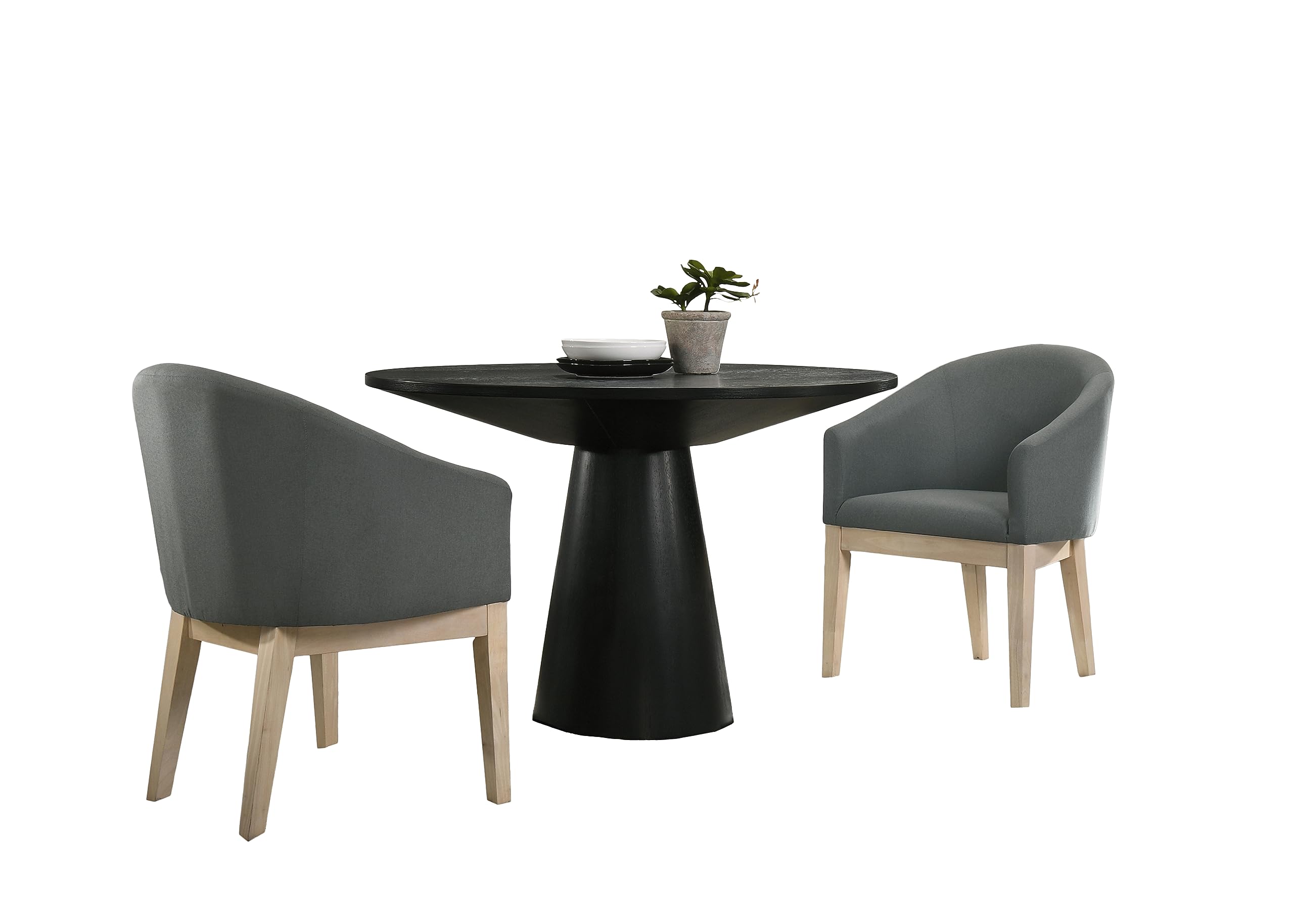 LILOLA LIVING Jasper Driftwood Finish 3 Piece 47&quot; W Round Dining Table Set with Gray Barrel Chairs