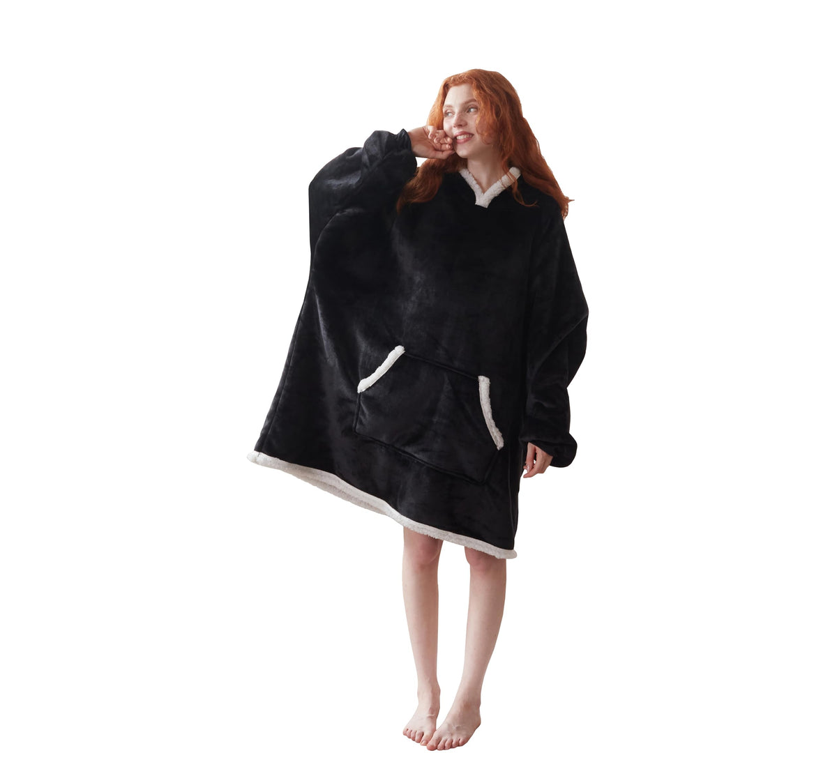 Coova Wearable Blanket Hoodie, Oversized Flannel&Sherpa Hooded For Women And Men, Cozy Sweatshirt With Giant Pocket, Black