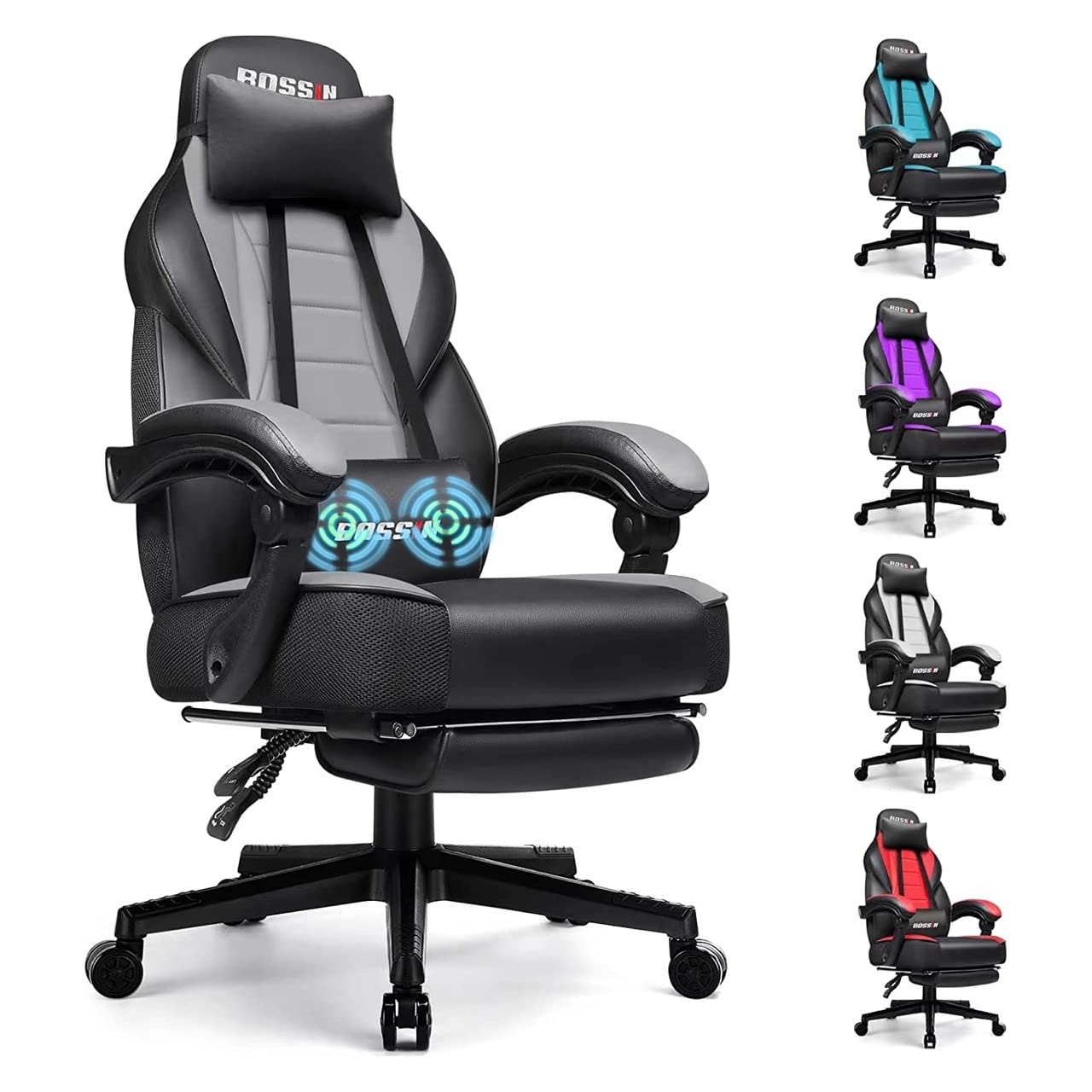 BOSSIN Gaming Chair with Massage, Ergonomic Heavy Duty Design with Footrest and Lumbar Support, Large Size Cushion High Back Off
