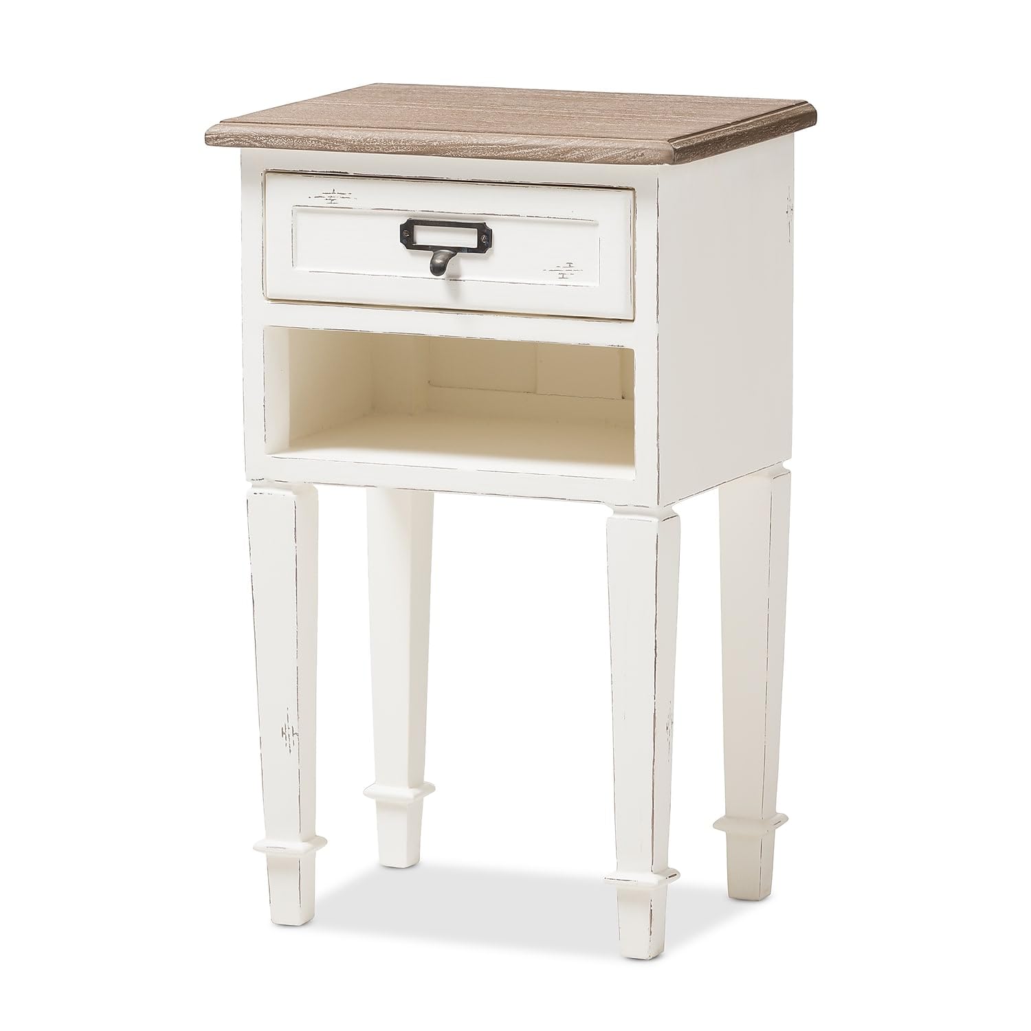 Baxton Studio Dauphine Provincial Style Weathered Oak and White Wash Distressed Finish Wood Nightstand/White/Natural/Provincial Style/MDF/Veneer Mindi/Hardwood Bayur