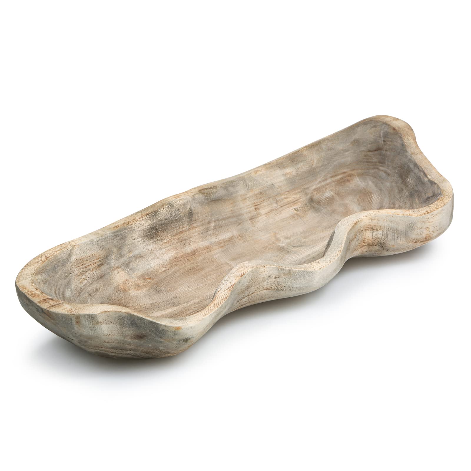 Wavy Live Edge Wooden Dough Bowl for Decor 16'L Medium Natural Root Wood Hand Carved Decorative Wooden Farmhouse Fruit Bowl Han