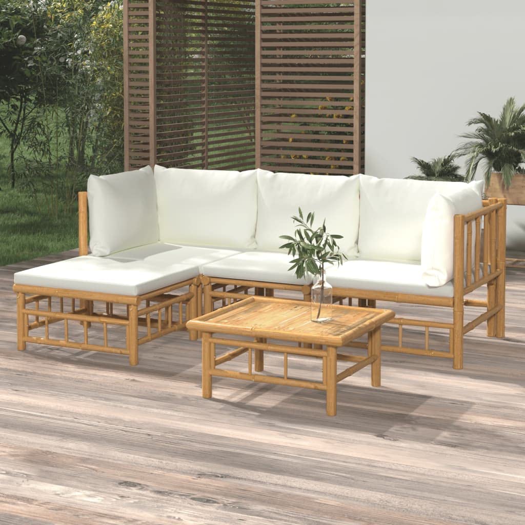 vidaXL 5-Piece Bamboo Patio Lounge Set with Cream White Cushions - Durable Outdoor Furniture with a Practical Table, Comfortable Cushions, and Flexible Design for Garden or Deck