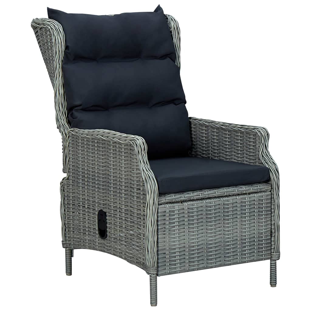 vidaXL Patio Dining Set - 3 Piece Outdoor Dining Set - Light Gray Chairs with Black Cushions, Glass Tabletop, Reclining Function, Water-Resistant PE Rattan, Steel Frame - Ideal for Garden/Patio