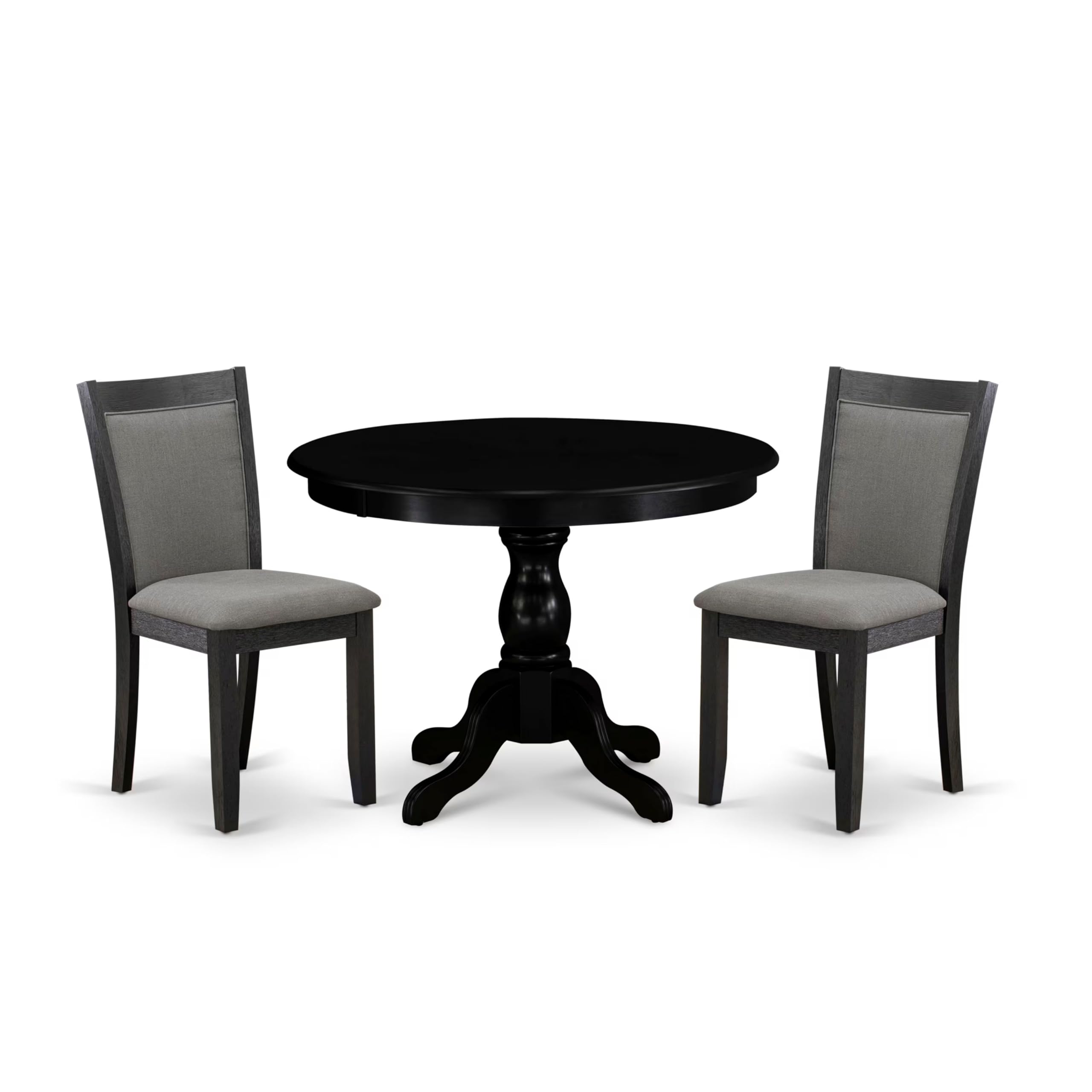 East West Furniture HBMZ3-AB6-50 3 Piece Small Dinette Set Contains a Round Dining Table with Pedestal and 2 Dark Gotham Grey Linen Fabric Upholstered Chairs, 42x42 Inch, Wirebrushed Black