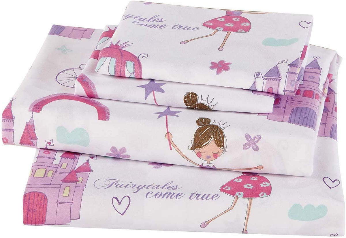 Fancy Collection Fairytales Princess Castle Rainbow Magical Cart Pink Lavender White Aqua Fairy Girls/Teens Sheet Set New (Twin)