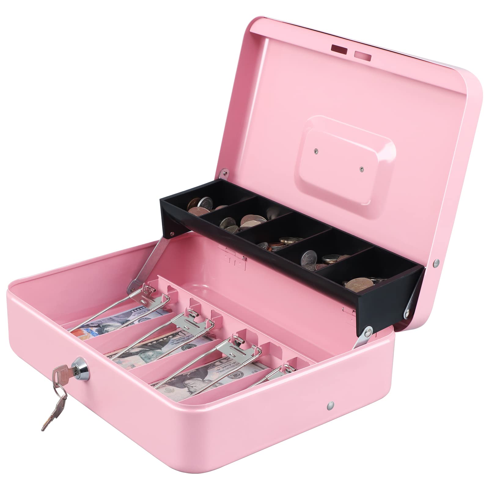 Xydled Cash Box With Money Tray And Key Lock,Tiered, Cantilever Design,4 Bill / 5 Coin Slots,11.8' X 9.5' X 3.5',Pink