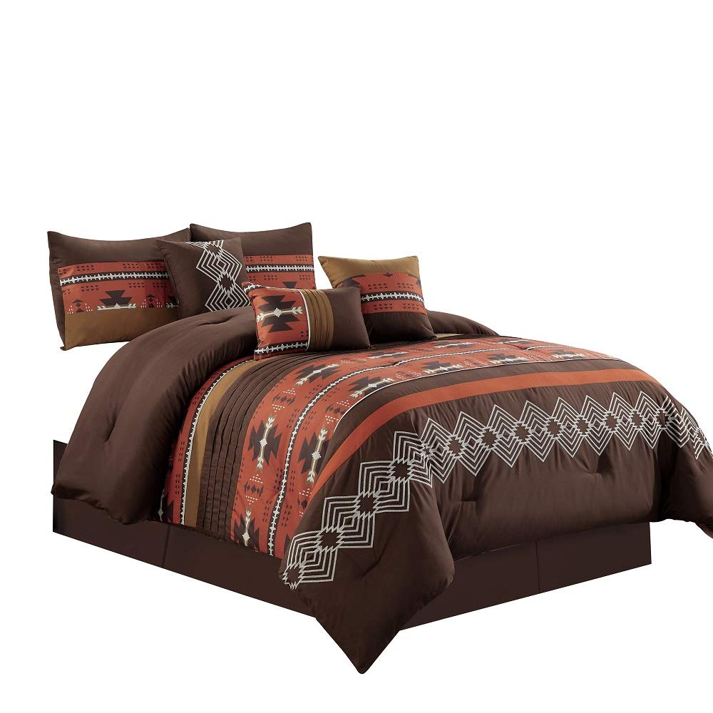 Wpm 7 Piece Western Southwestern Native American Design Comforter Set Coffee Brown Queen Size Bed In A Bag Navajo Bedding- Makal