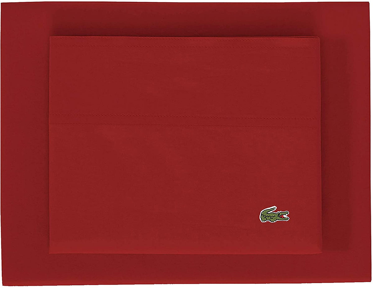 Lacoste 100% Cotton Percale Sheet Set, Solid, Chili Pepper, Twin