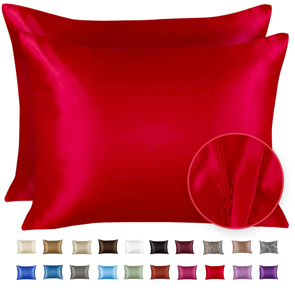 Shopbedding Luxury Satin Pillowcase For Hair - Queen Satin Pillowcase With Zipper, Red (Pillowcase Set Of 2) - Blissford