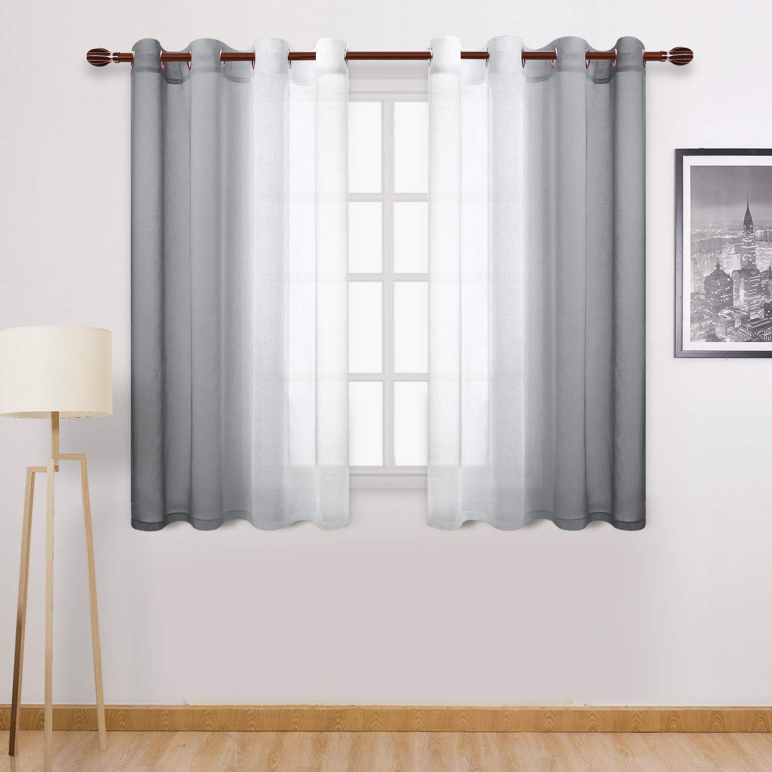 Dwcn Grey Ombre Sheer Curtains - Faux Linen Semi Voile Grommet Top Gradient Curtains For Bedroom And Living Room, Set Of 2 Windo