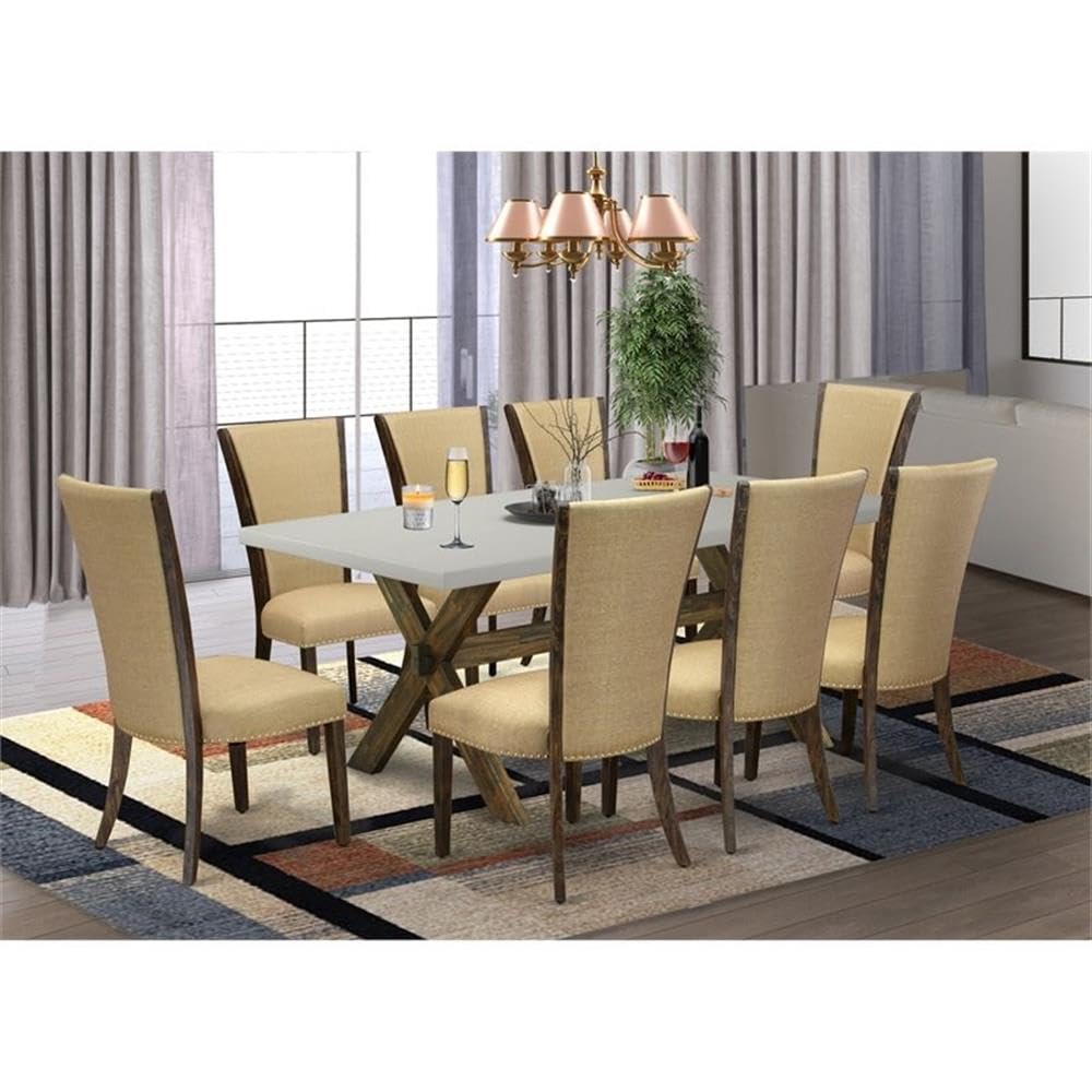 East West Furniture X797Ve703-9 9 Piece Dining Set Includes A Rectangle Dining Room Table With X-Legs And 8 Brown Linen Fabric Upholstered Parson Chairs, 40X72 Inch, Multi-Color