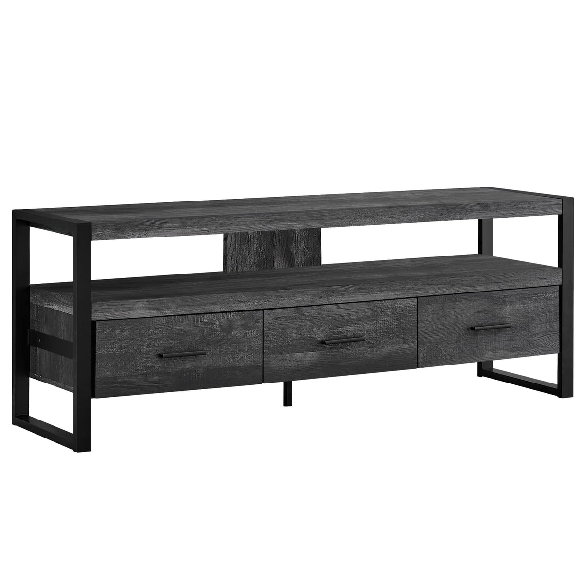 Monarch Specialties TV Stand-Console with 3 Drawers and Shelves-Industrial Modern Style Entertainment Center with Metal Legs, 60' L, Black Reclaimed Wood Look