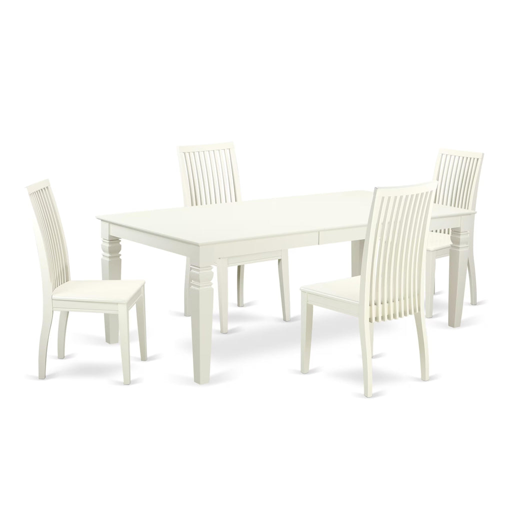 East West Furniture LGIP5-LWH-W 5 Piece Dining Room Table Set Includes a Rectangle Kitchen Table with Butterfly Leaf and 4 Dining Chairs, 42x84 Inch, Linen White