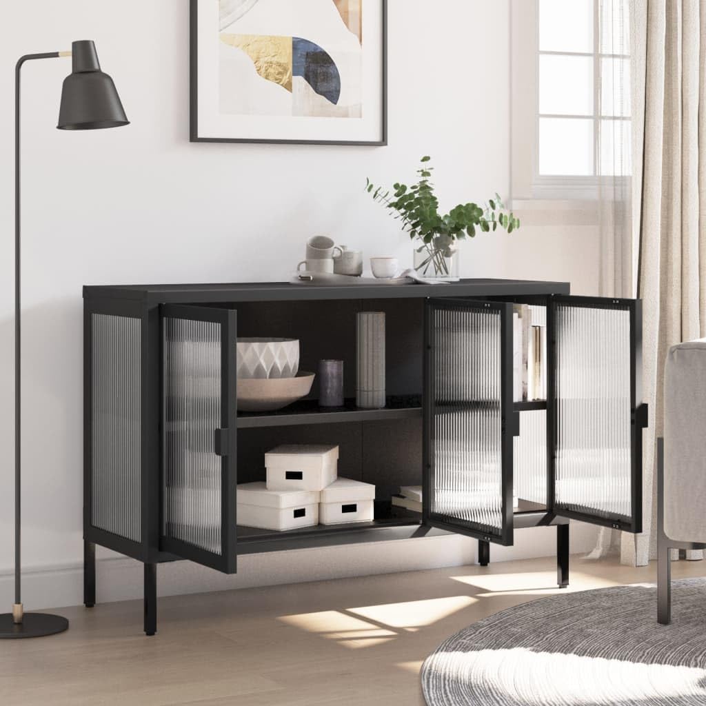 vidaXL Modern Sideboard in Black - Steel and Fluted Glass Construction with Adjustable Shelf and Bottom Levelers - 41.3&quot;x13.8&quot;x27.6&quot;