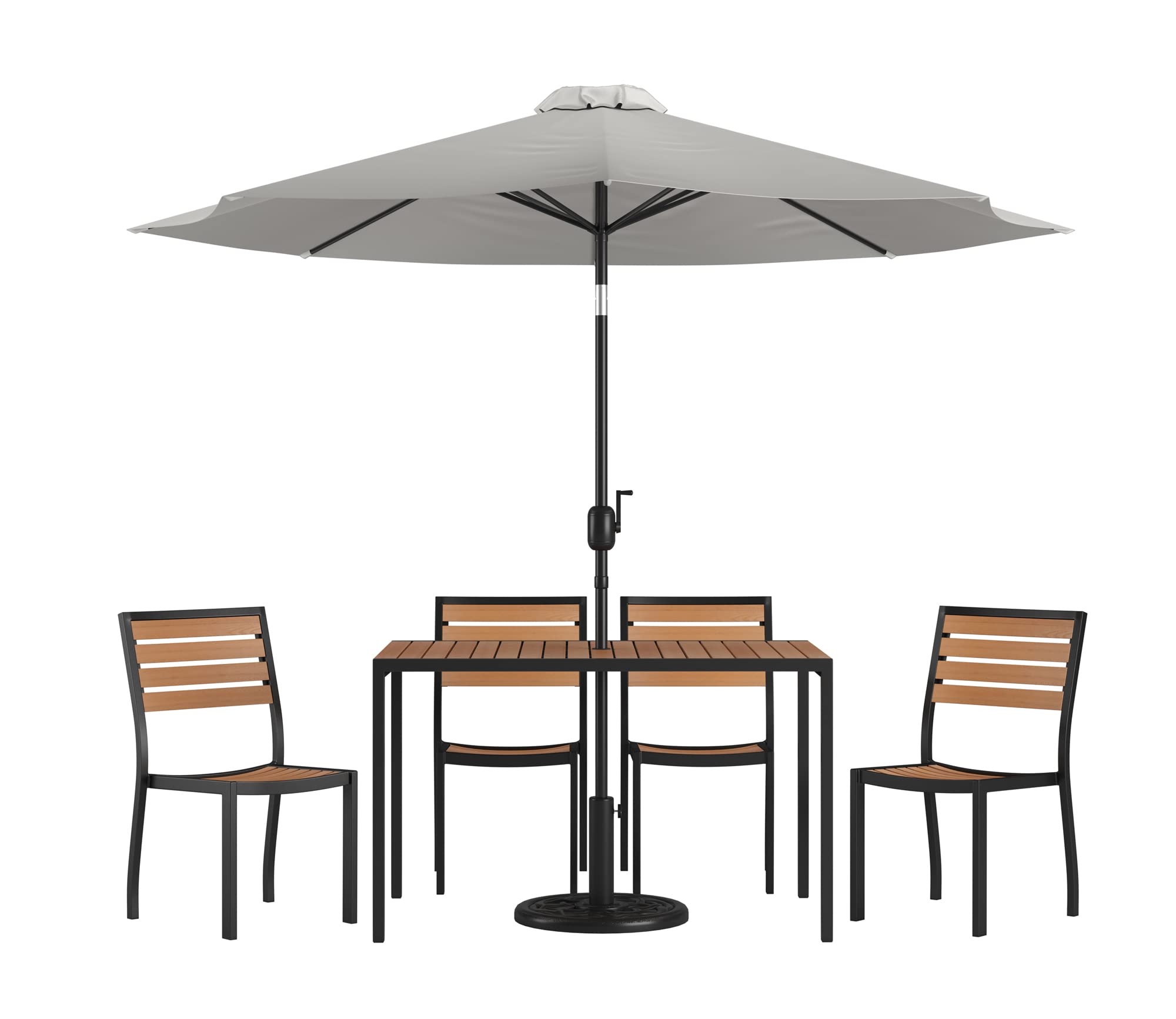 Flash Furniture Lark 7 Piece Patio Table Set - 4 Synthetic Stackable Faux Teak Chairs - 30&quot; x 48&quot; Faux Teak Table - Gray Umbrella with Base