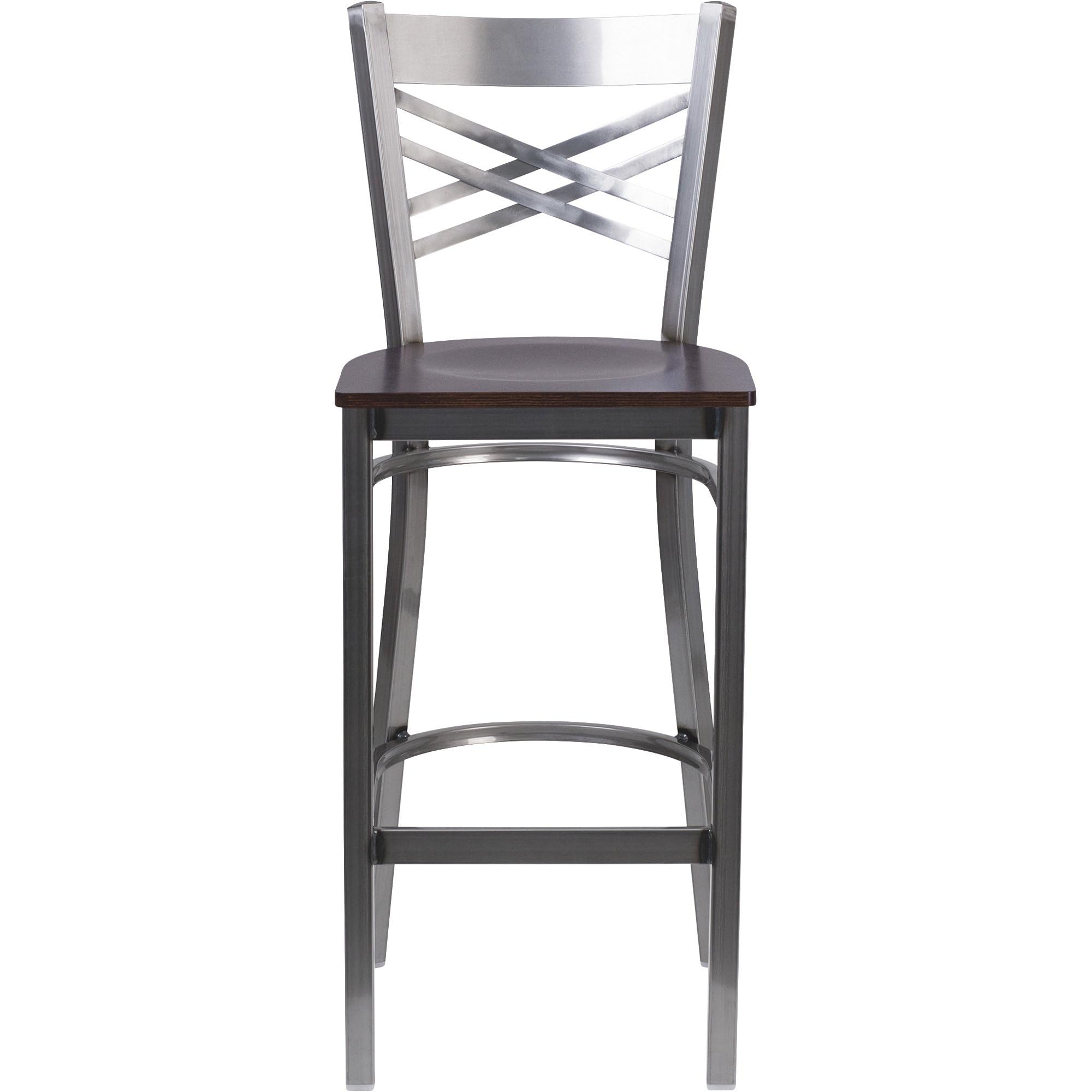 Flash Furniture Hercules Series Clear Coated ''X'' Back Metal Restaurant Barstool - Walnut Wood Seat