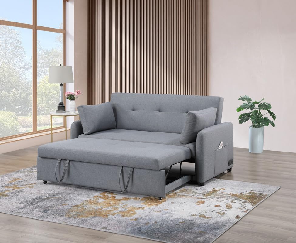 Lilola Home Radella 69" W Gray Linen Convertible Sleeper Loveseat with USB Ports, Power Sockets, Pockets, Pillows, Tufting