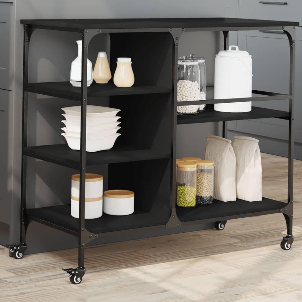 vidaXL Kitchen Trolley in Black - 39.4&quot;x17.7&quot;x35.2&quot; Engineered Wood with Steel Frame, Wheels, Ample Vintage-Style Storage Organizer