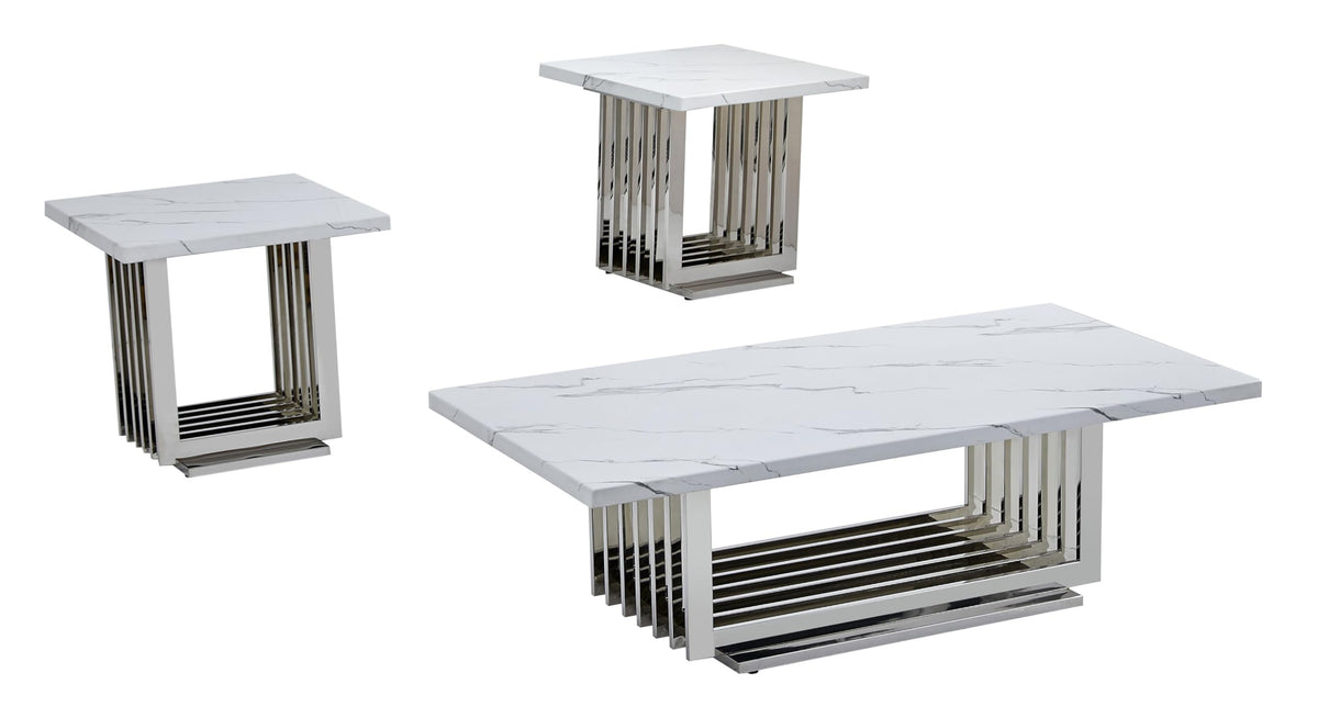 Best Quality Furniture Ct310 Coffee Set, 3-Piece With 2 End Tables, White/Silver