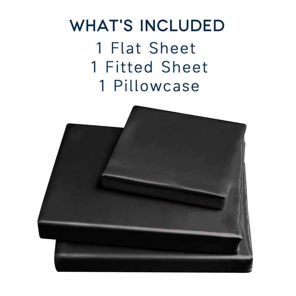 Golal Satin Sheets Twin Size - 3 Pieces Luxury Silky Soft Bed Sheets For Kids, Wrinkle-Free Black Satin Silk Sheet Set With 1 Deep Pocket Fitted Sheet, 1 Flat Sheet, 1 Pillow Case