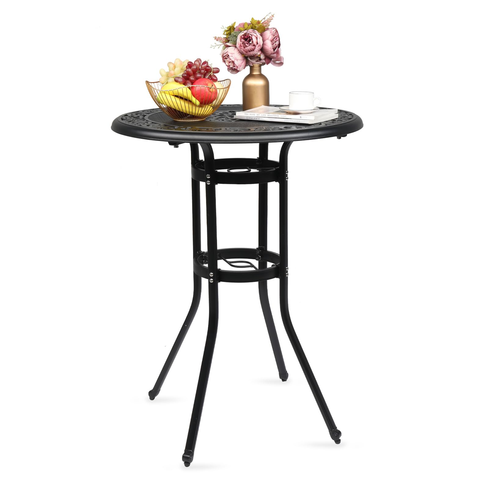 VINGLI Outdoor Bar Table, Cast Aluminum Bar Height Patio Table with Umbrella Hole, Patio Dining Table Tall Bistro Table Outdoor 