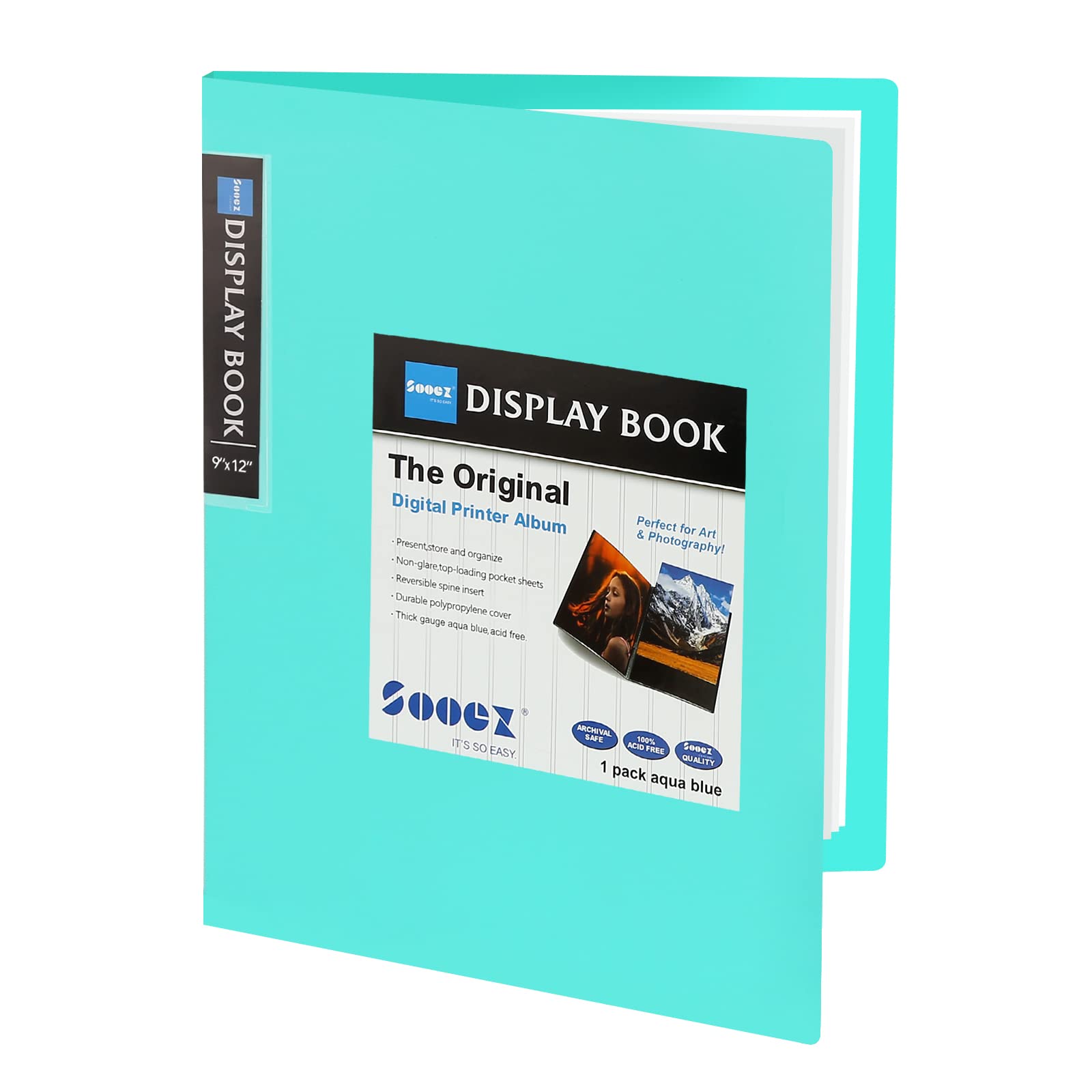 Sooez 30-Pocket Binder With Plastic Sleeves 9X12' (Aqua), Heavy Duty Art Portfolio Folder With Clear Sheet Protectors, Display